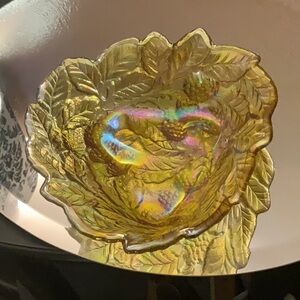 Iridescent Gold Carnival Glass bowl with leaves and berries